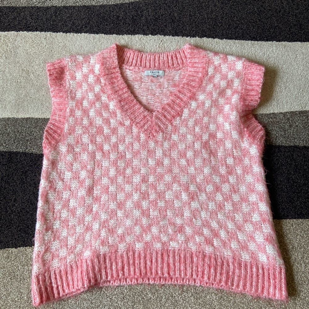 FRNCH Pink and White V-Neck Sweater Vest